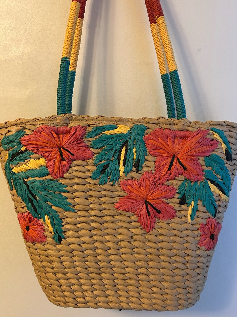 Patricia Nash Straw Tote with Coral Flowers and Teal Leaves